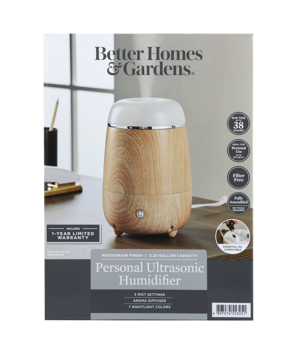 Better Homes&Gardens BHG Humidifier, 0.25Gal, Diffuser, Ultrasonic, Filter Free, Woodgrain Finish