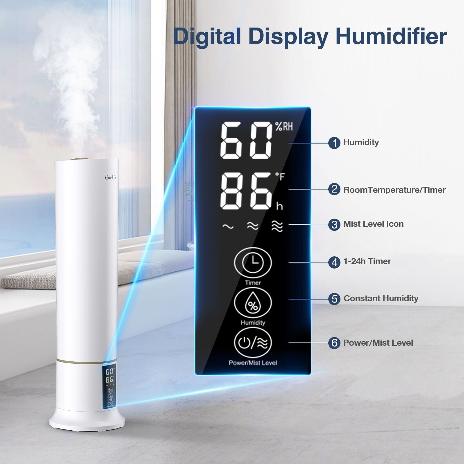 BEYGO Cool Mist Humidifiers for Bedroom Large Room Home, 9L/ 2.38Gal Top Fill Ultrasonic Floor Humidifiers for Baby and Plants