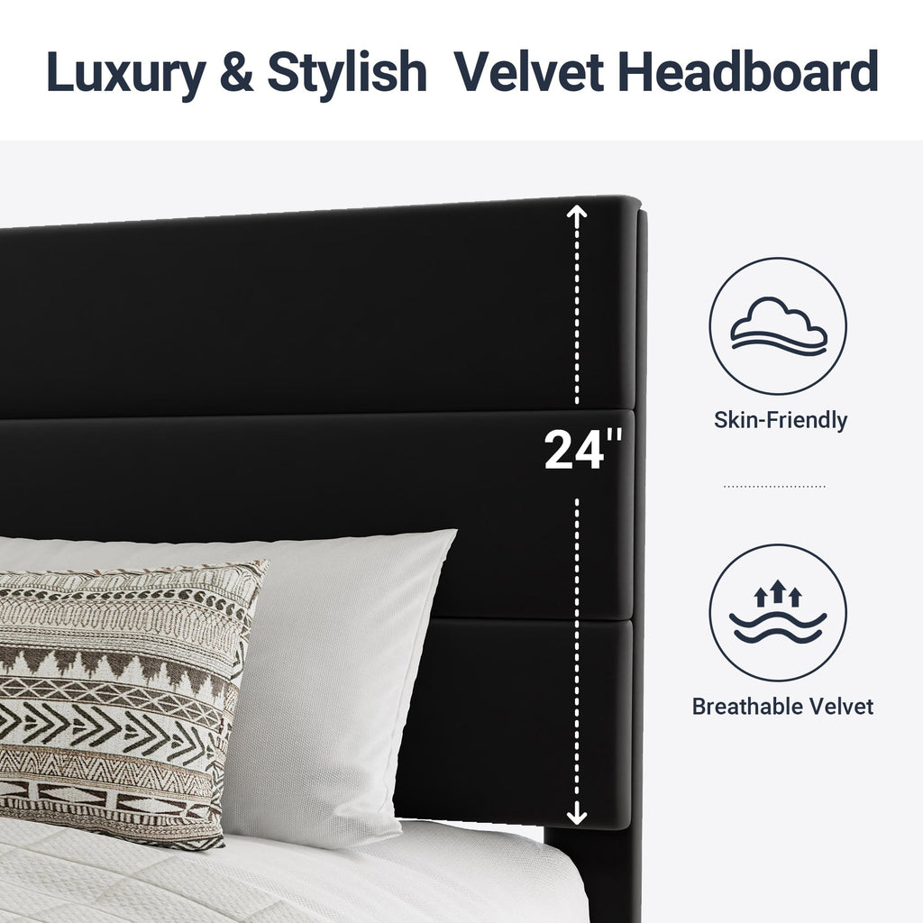 Allewie Queen Size Platform Bed Frame with Velvet Upholstered Headboard and Wooden Slats Support, No Box Spring Needed, Black