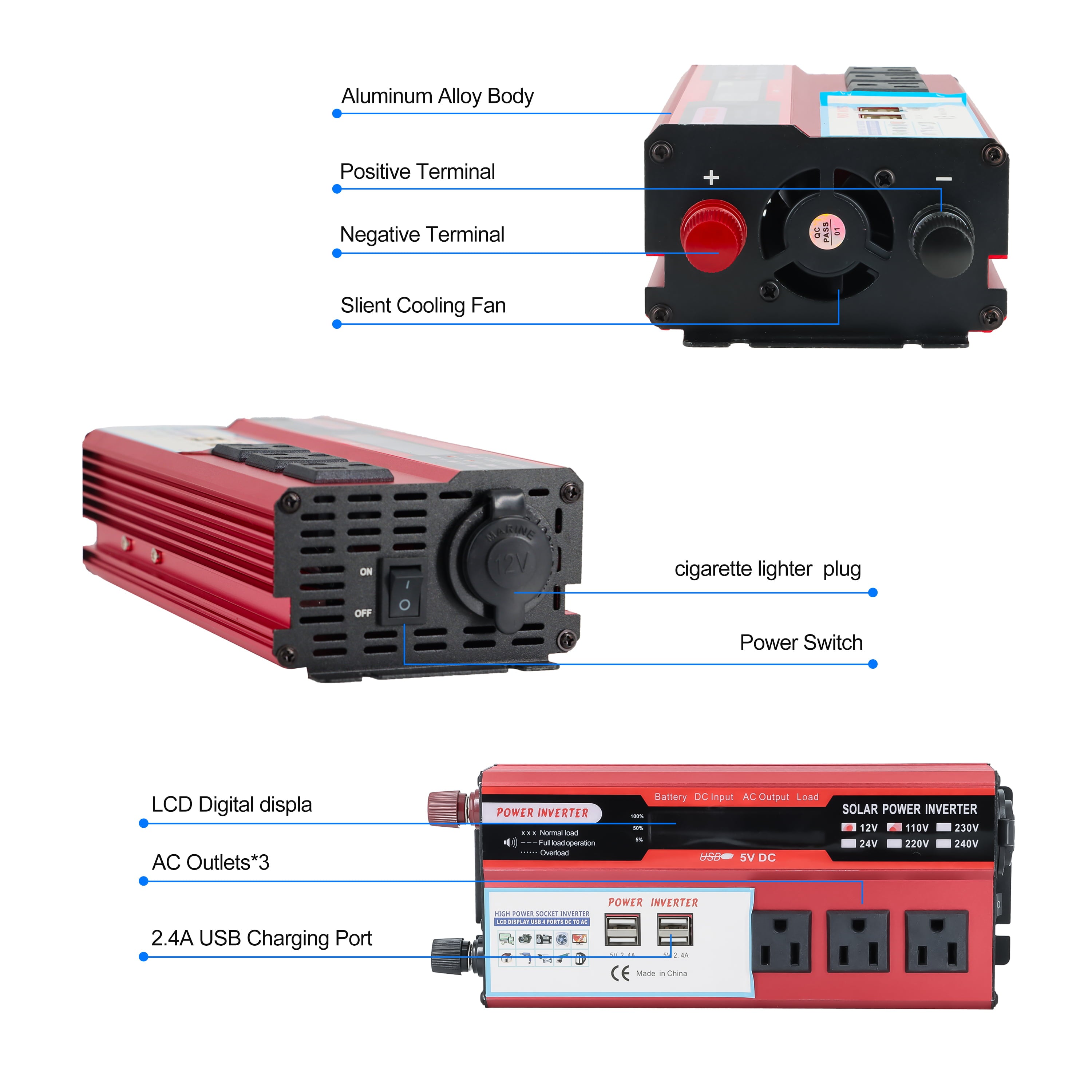 Yyton 1000W Car Power Inverter, Modified Sine Wave Inverter DC 12V to AC 110V AC Converter with LCD Display, 4x2.4A USB Ports Car Charger, 1 Cigarette Lighter Ports