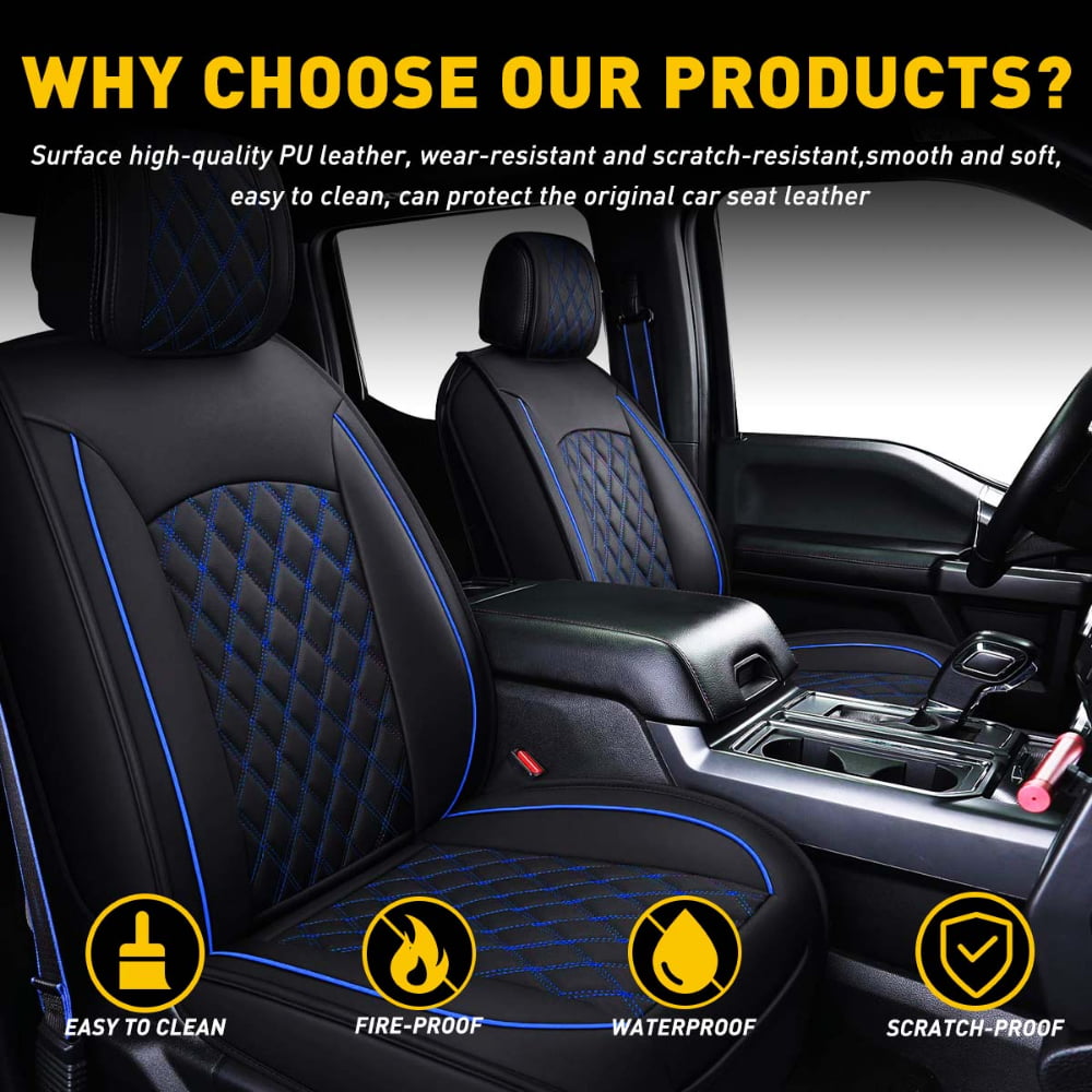 Car Seat Covers Full Set with Waterproof Leather Fit for 2009 to 2023 Ford F150 and 2017 to 2023 F250 F350 F450,Double,Extended Cab or Pickup Truck(Full Set, Black-Blue)