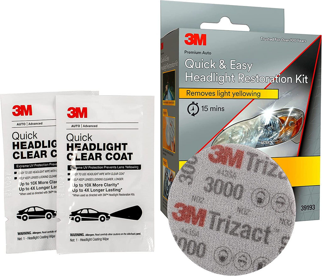 3M Quick and Easy Headlight Restoration Kit, Removes Light Yellowing in 15-Minutes, 39193, 1 Kit