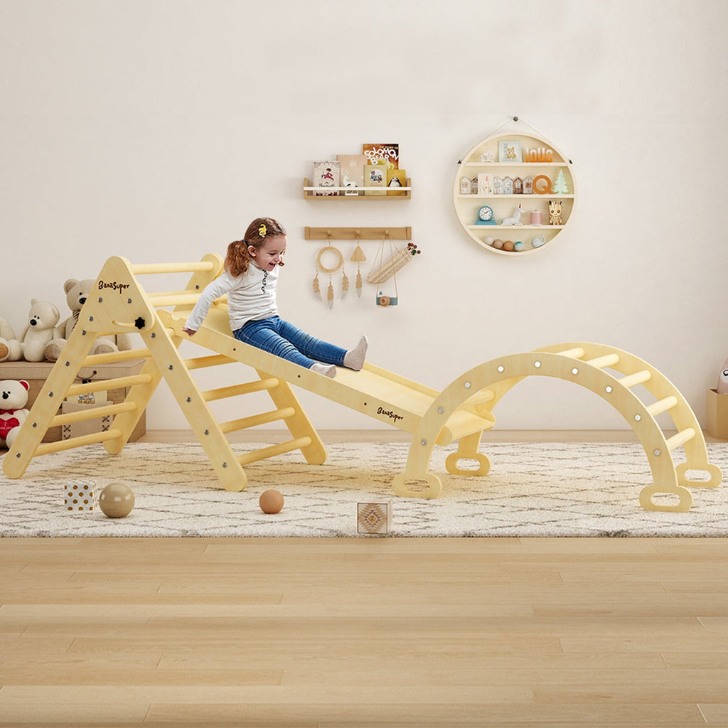 BanaSuper Large 3 in 1 Climbing Triangle Ladder with Ramp & Arch Foldable Wooden Climbing Triangle Set Montessori Climbing Toys for Baby Ourdoor Indoor Playground Play Gym Gift for Boys Girls