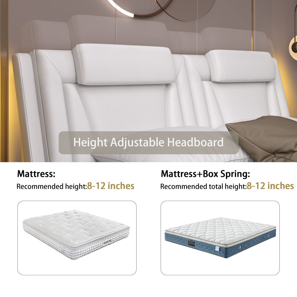 Homfa Queen Size LED Bed Frame, PU Leather Curved Upholstered Platform Bed with Adjustable Headboard and Pillow, White