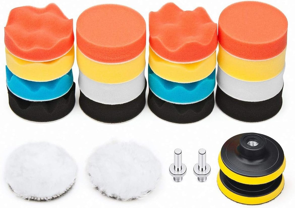 22 PCS Car Foam Drill Polishing Pad Kit, include 16 detailing sponges, 2 wool buffer pads, 2 drill adapters and suction cups, ideal for car sanding, polishing