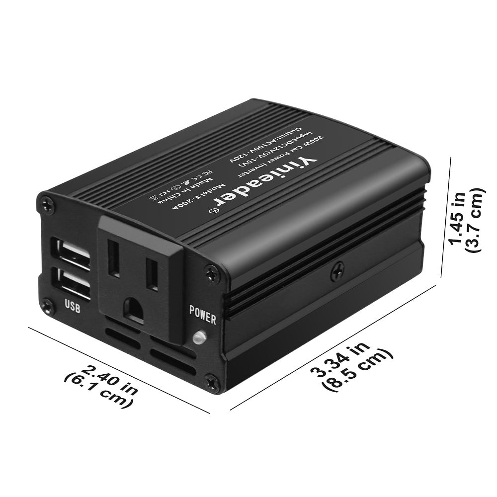 Yinleader 200 Watts Power Inverter Converter Adapter DC 12V to AC 110V Car Charger 2USB