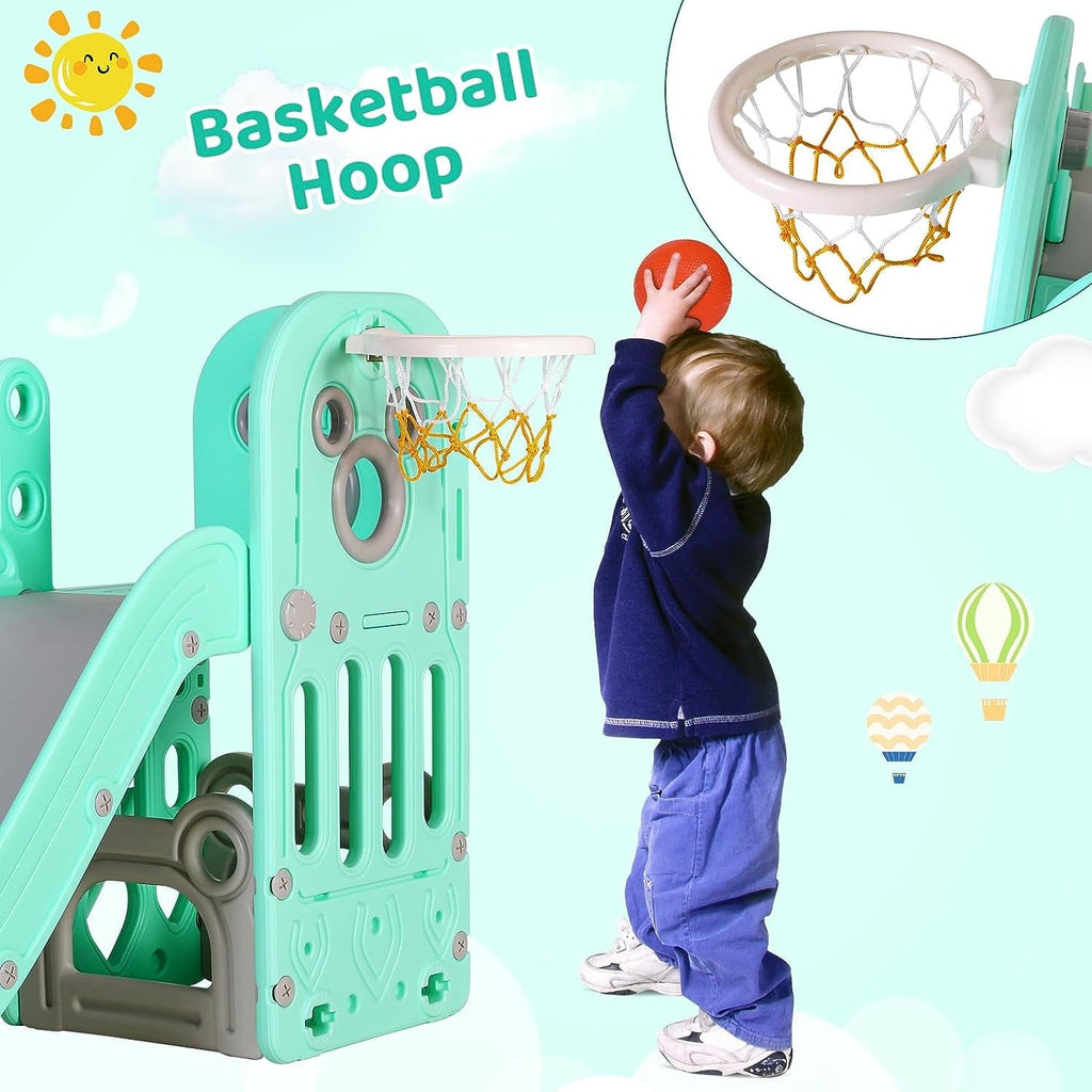 Arlopu Large Kids Slide, 4 in 1 Sturdy Toddler Slide Climber Playset with Basketball Hoop & Ball, Storage Space and Non-Slip Steps, Indoor Outdoor Toy for Children 1 Years +