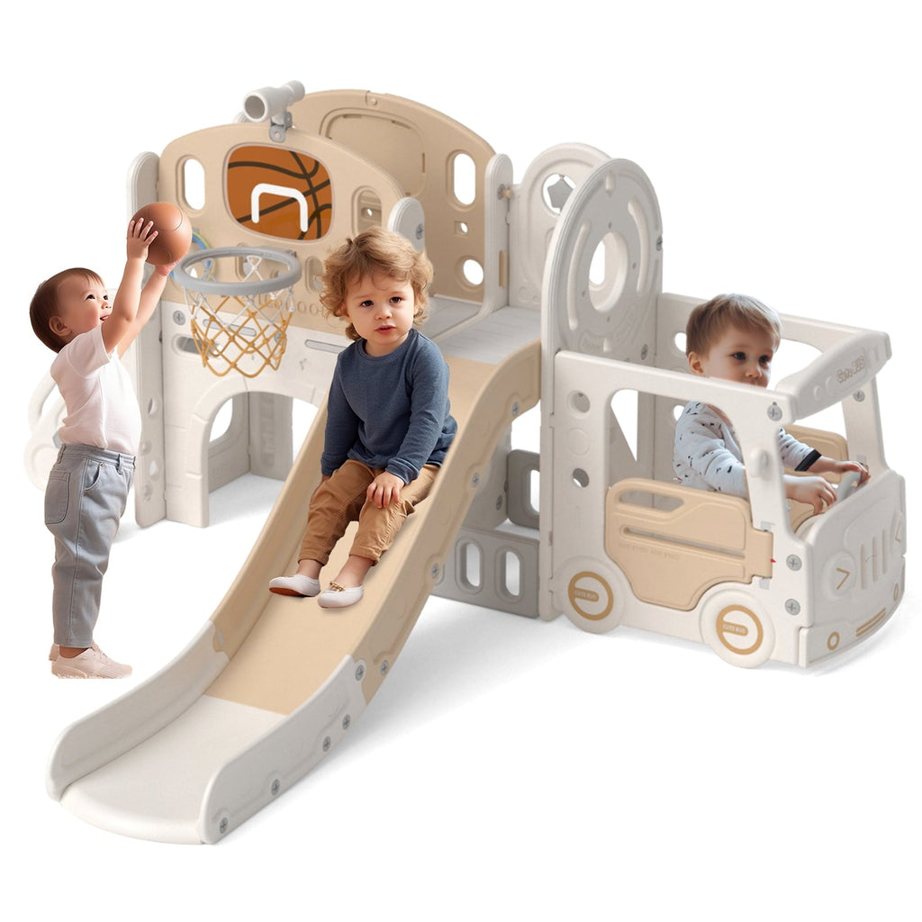 XJD 10 in 1 Toddler Slide, Kids Slide for Toddlers Age 1-3, Toddler Play Climber Slide Playset with Basketball Hoop and Ball, Toddlers Outdoor Indoor Playground(Beige+Coffee)