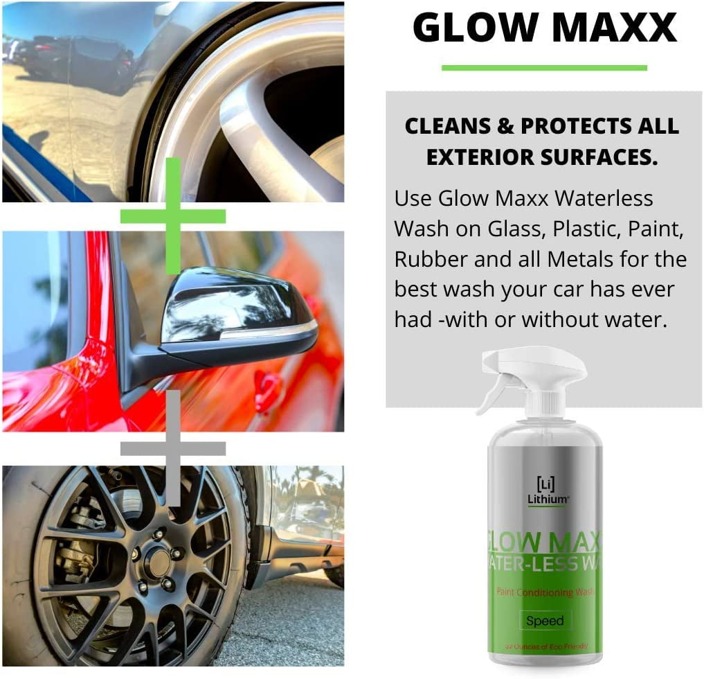Glow Maxx Waterless Car Wash, Cleans and Protects, Hydrates And Lubricates Paint To Reduce Scratching, Leaves a great shine, Saves water. Extremely Hydrophobic,Wash your car anywhere quickly. 32oz
