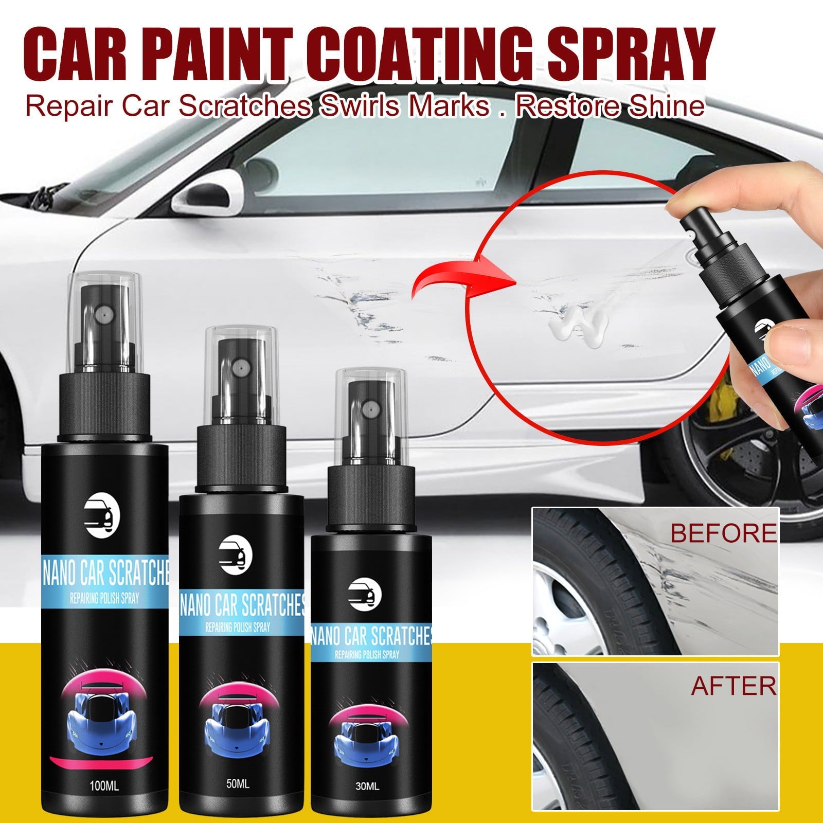Oalirro Paint Car Scratch Repair Nano Spray Any Color, Car Nano Scratch Removal Spray with Sponge Kit, Nano Repairing Spray for All Car Body - 30ml