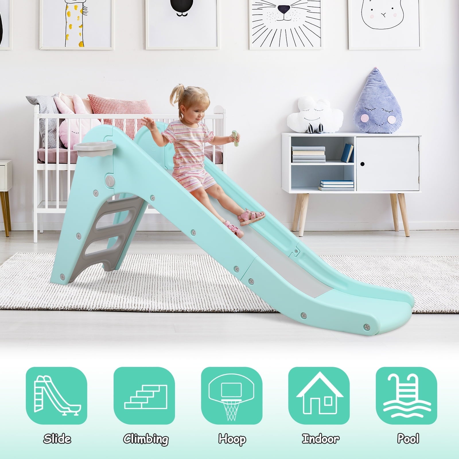 Arlopu Plastic First Slide for Toddlers, Sturdy Kids Slide Play Climber with Basketball Hoop, Indoor Outdoor Playground Playset for Kids 1-6 Years