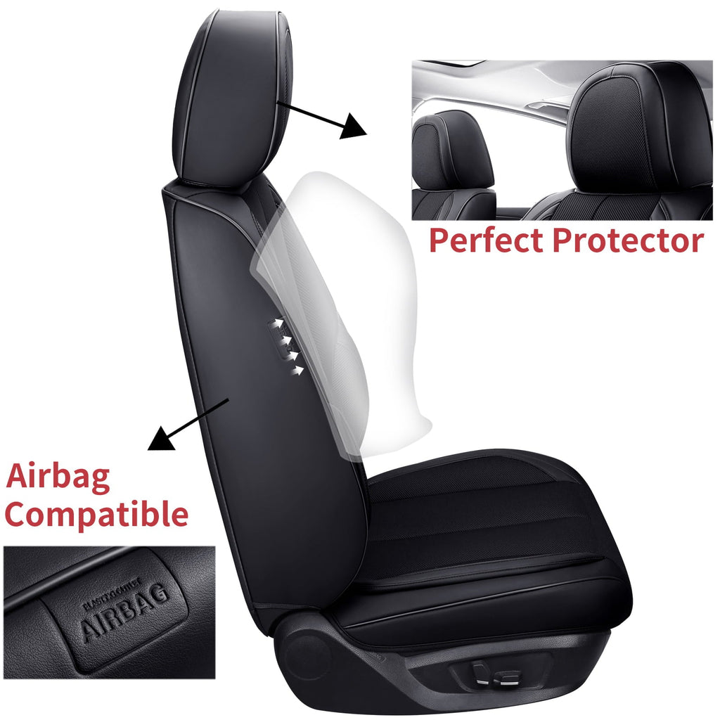 Coverado Front Seat Covers 6 Pieces,Breathable Fabric&Leather Car Seat Protectors,Universal Auto Accessories Compatible with Most Sedans SUV Pick-up Truck,Black