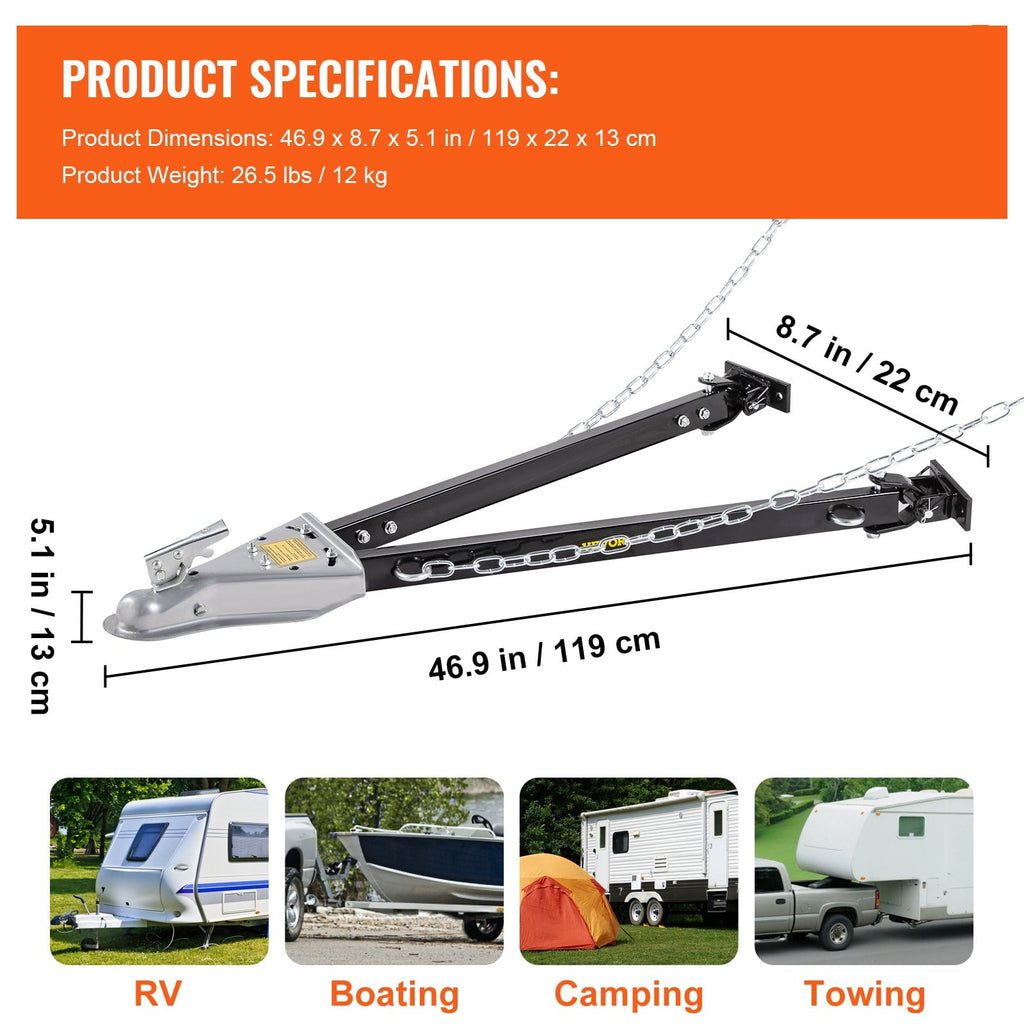 BENTISM Adjustable Tow Bar Bumper Mount Tow Bar 5000lbs Fit 2'' Ball w/ Chains