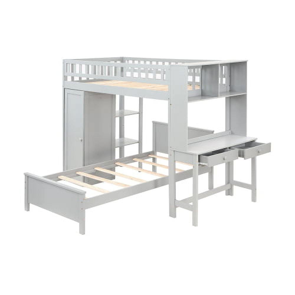 Twin Loft Bed with Closet & Desk, Wood Bed Frame with Movable Bed, Bunk Bed for Kids Adult, Gray