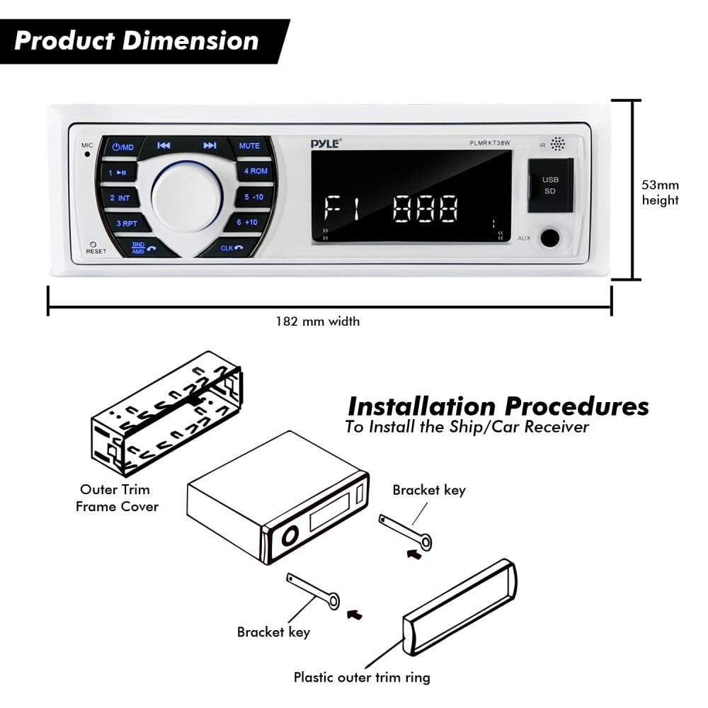 Pyle Marine Radio Receiver Speaker Set 12v Single Din Style Bluetooth Waterproof Digital Boat White