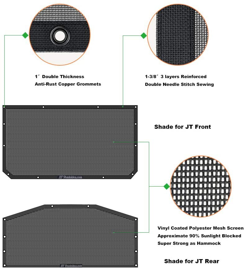 Shadeidea Jeep Gladiator Sun Shade JT 4 Door Top Sunshade, Front & Rear (2-Pieces) - Black Mesh Screen Wrangler Cover, UV Blocker with Grab Bag Pouch (2018 - Current) - 10 Years Lasting