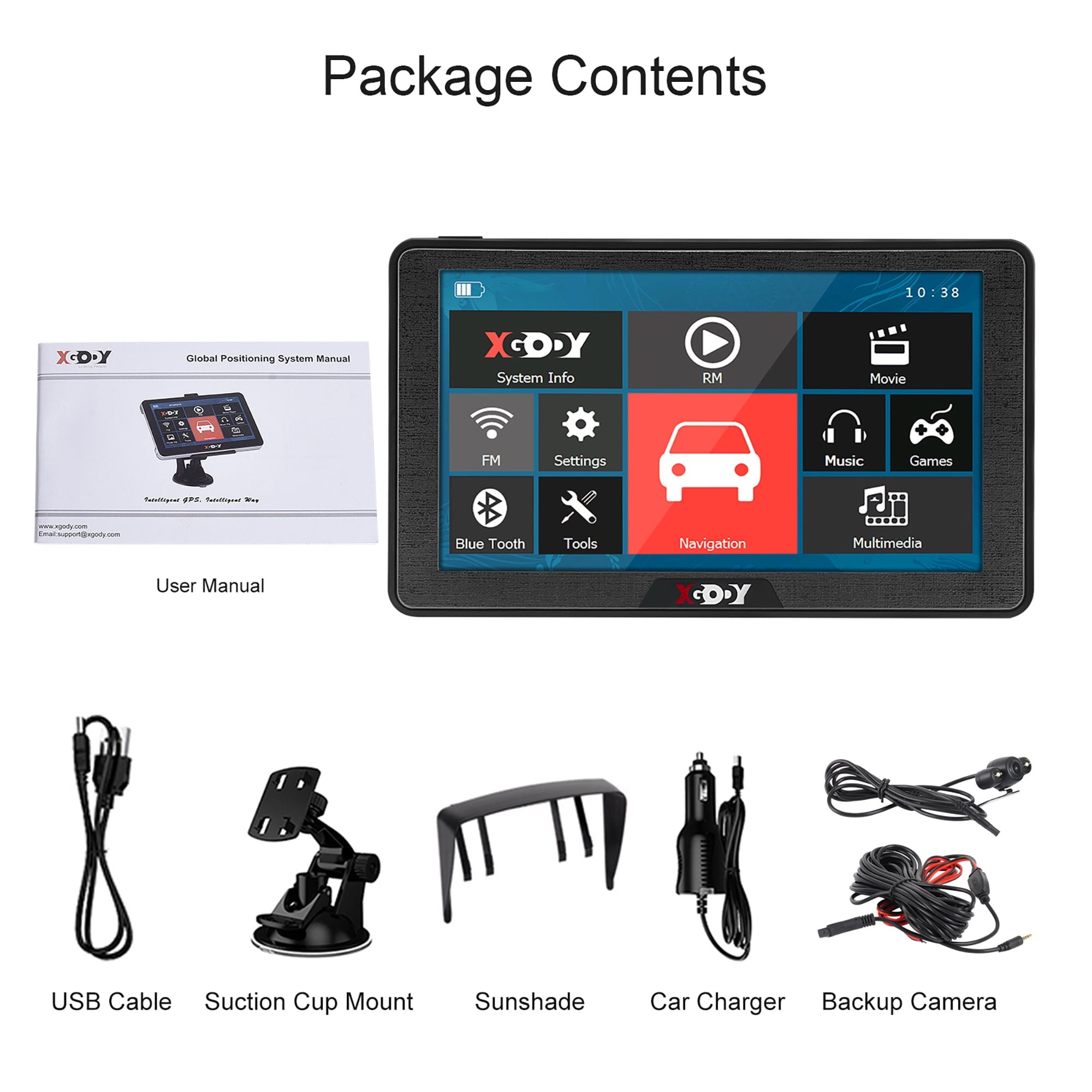 XGODY GPS Navigation Backup Camera 7"Touch Screen 8G 256M Car GPS Navigator with Bluetooth Parking Lane,Voice Guidance,Speed Camera Warning,Route Planning