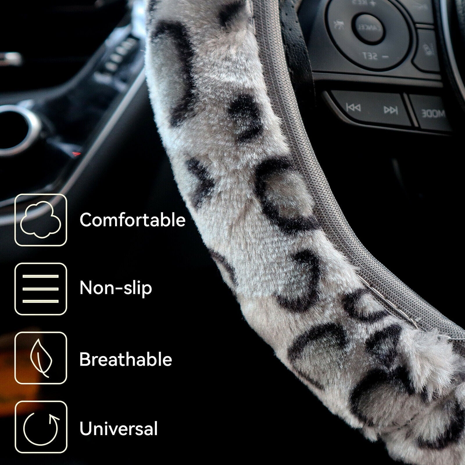 XUKEY Leopard Print Fluffy Warm Car Steering Wheel Cover Fluffy Fuzzy Anti-Slip Protector Elastic Grey