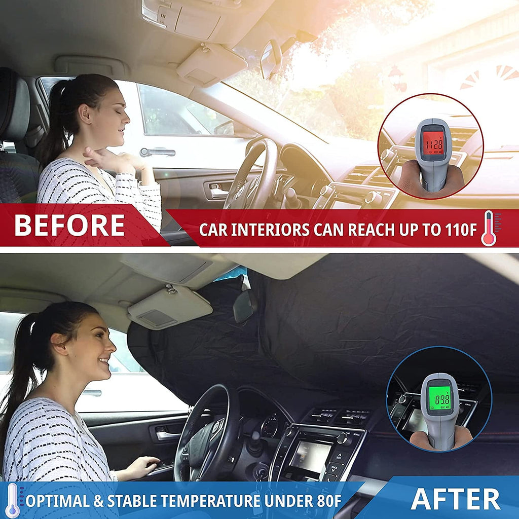 EcoNour Car Windshield Sun Shade with Storage Pouch | Front Window Sun Protector for UV Rays & Sun Heat | Car Interior Accessories Fits Small Sedans, Mini SUVs and Hatchbacks | Standard (64x32 inches)