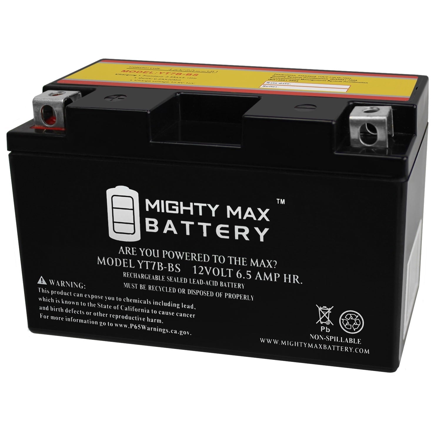 YT7B-BS 12V 6.5AH Battery Replaces High Performance - Maintenance Free - Sealed AGM Motorcycle