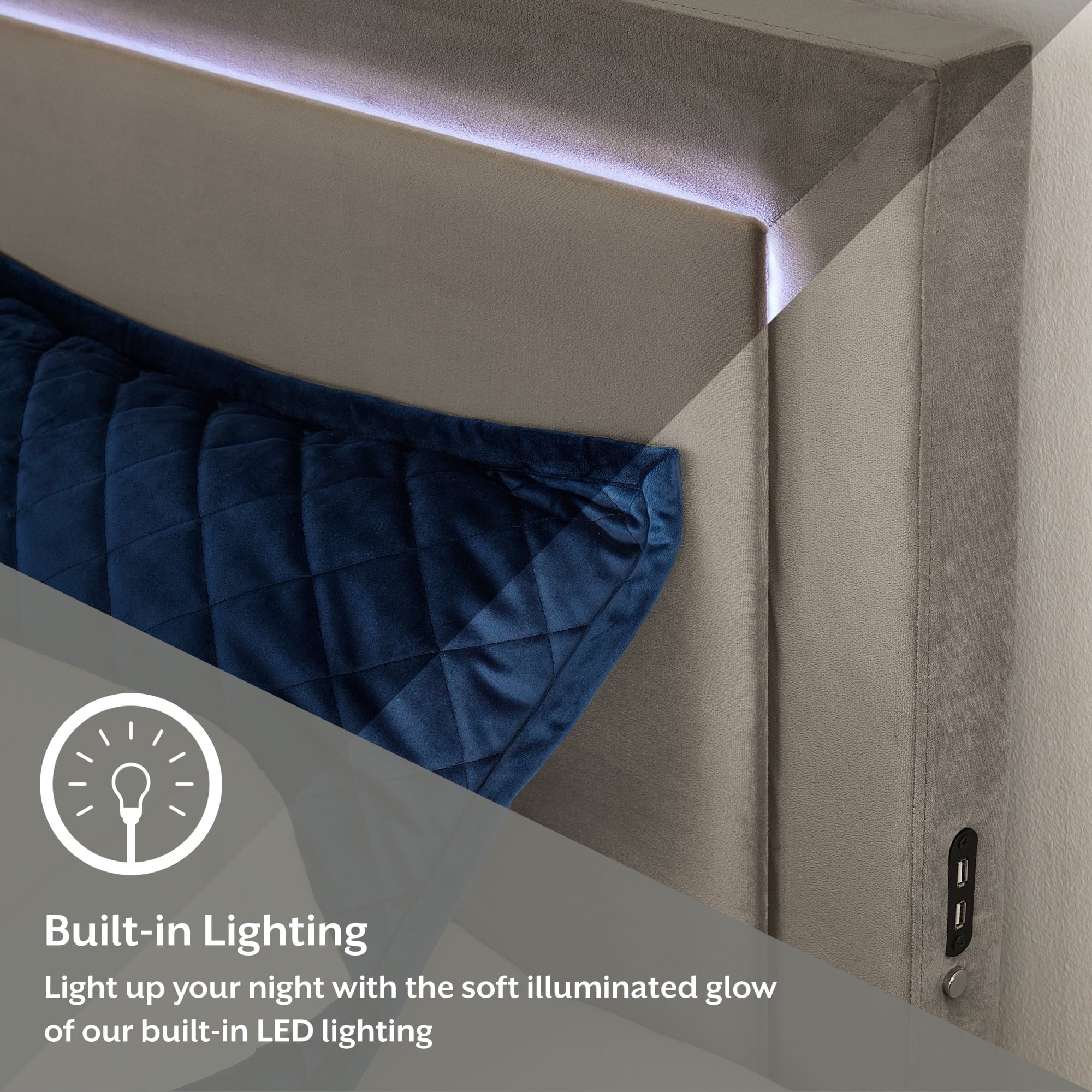 Anchorage Upholstered Queen Bed with LED Lights and USB, Platinum