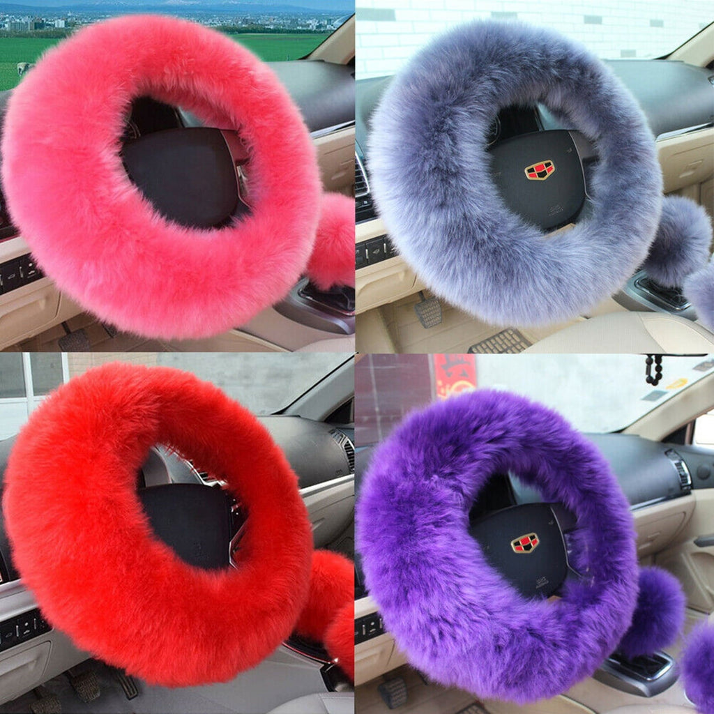 Carolily Finery New 3Pcs/Set Woolen Winter Warm Fuzzy Steering Wheel Cover Long Plush Handbrake Car Accessory