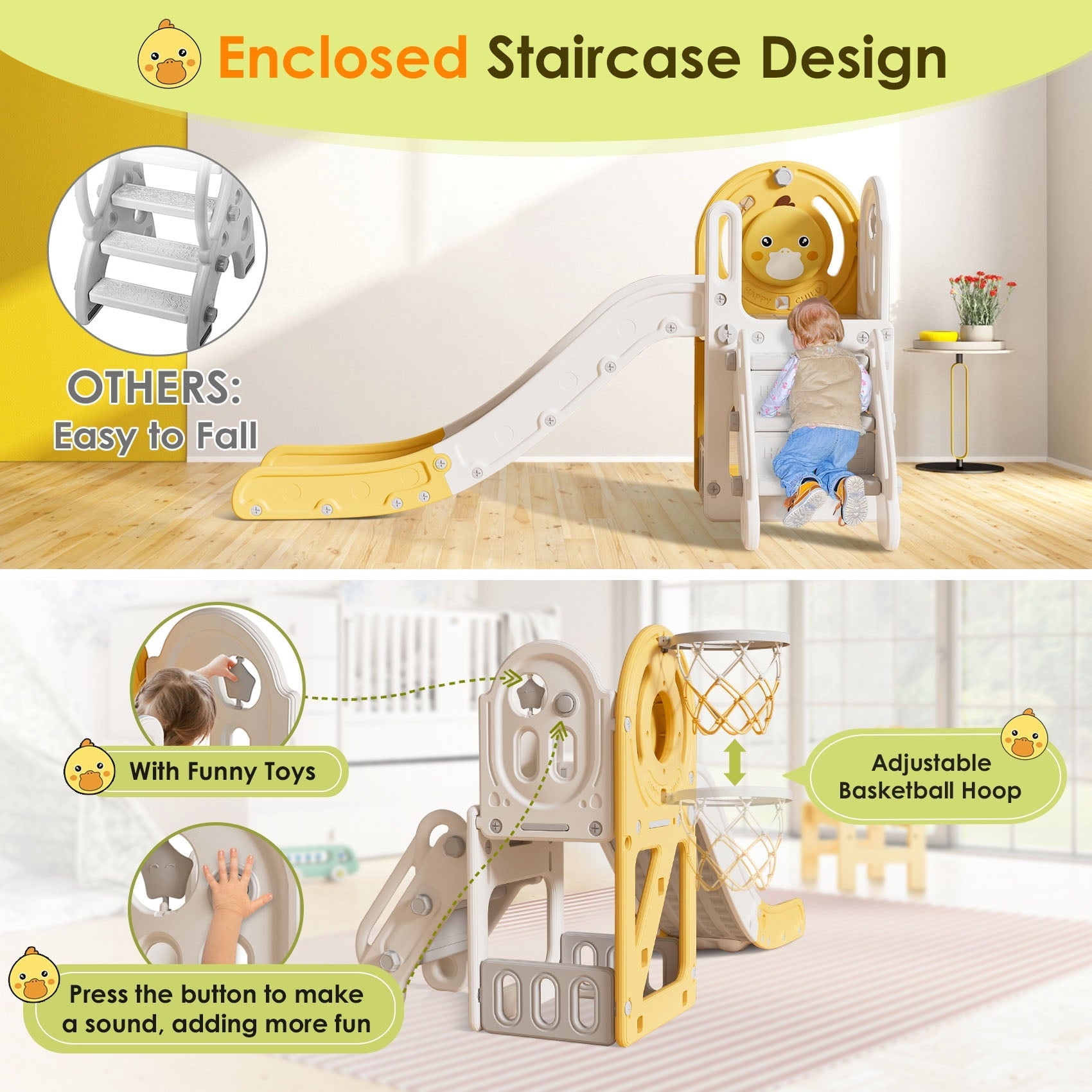 Suteck 5 in 1 Toddler Slide, Slide for Toddlers Age 1-3 with Basketball Hoop and Ball, Slide for Kids, Indoor Outdoor Backyard Playground Cute Duck Theme Baby Slide Toy Yellow