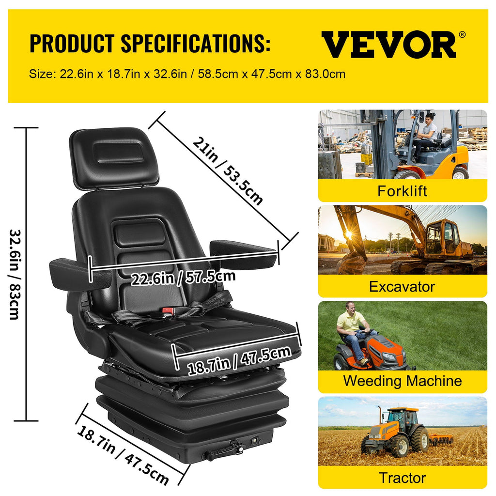 VEVOR Suspension Seat With Safety Switch Adjustable Forklift Seat Replacement Back Fork Lift Seats for Tractor & Forklift Suspension Tractor Seats and Backhoe Seat with Seat Belt