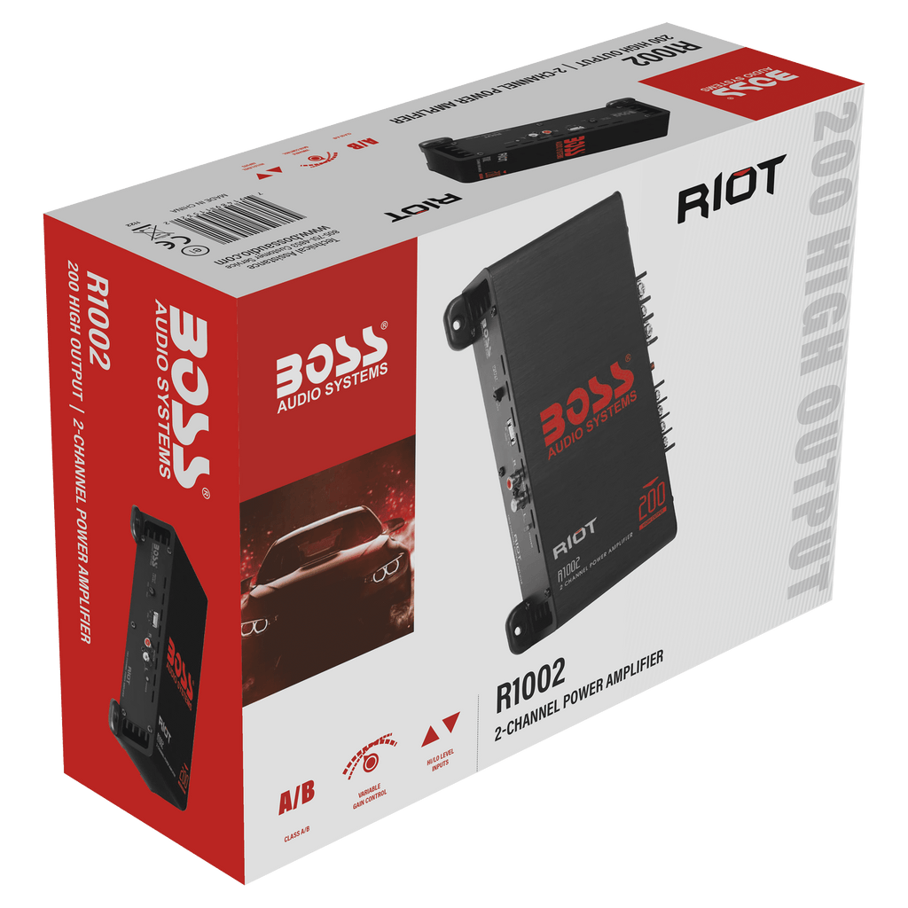 BOSS Audio Systems R1002 Riot Series Car Audio Stereo Amplifier - 200 High Output, 2 Channel, Class A/B, 2/4 Ohm Stable, Low/High Level Inputs, Full Range, Subwoofer