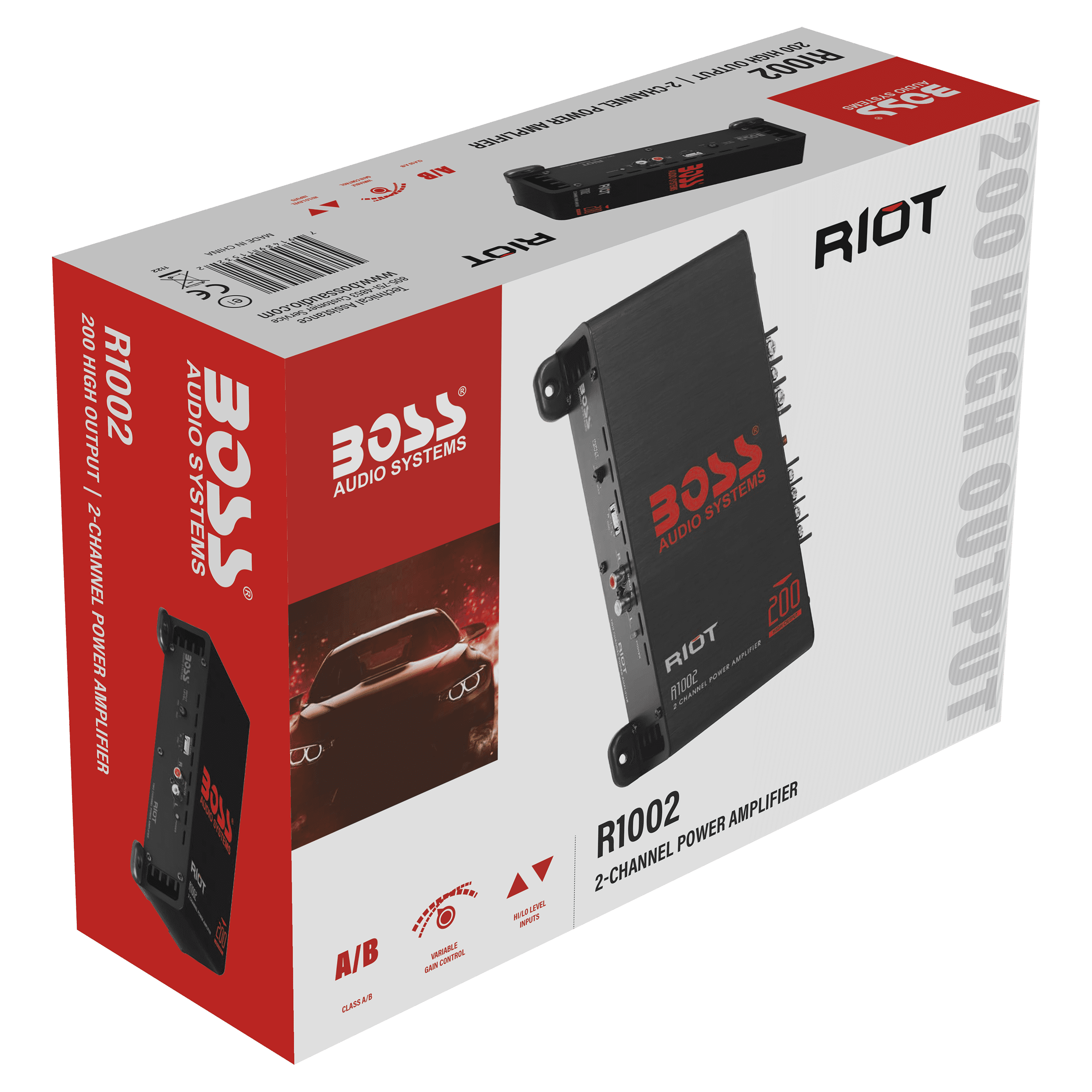 BOSS Audio Systems R1002 Riot Series Car Audio Stereo Amplifier - 200 High Output, 2 Channel, Class A/B, 2/4 Ohm Stable, Low/High Level Inputs, Full Range, Subwoofer