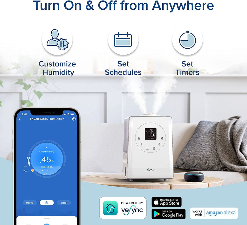 Levoit Smart Warm and Cool Mist Humidifier for Room, 6L Top Fill Air Vaporizer for Large Rooms, LV600s, White