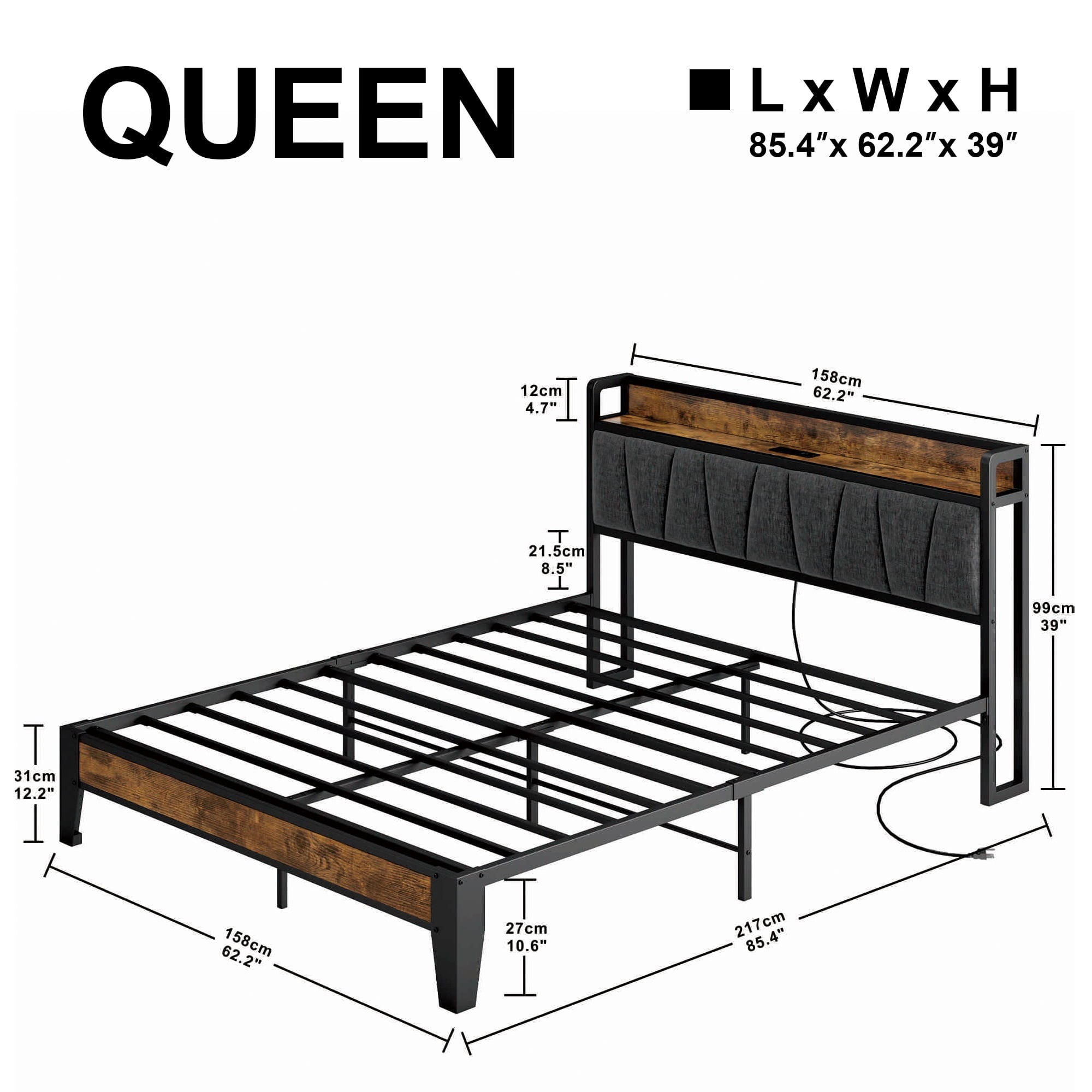 LIKIMIO Queen Bed Frame, Storage Headboard with Charging Station, Solid and Stable, Noise Free, No Box Spring Needed, Easy Assembly