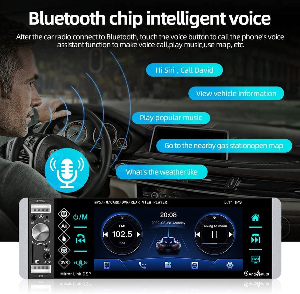 Podofo Single Din 5.1'' Car Stereo Radio Apple Carplay Android Auto Touch Screen Car Multimedia MP5 Player Bluetooth Mirror Link FM USB, with Back Up Camera