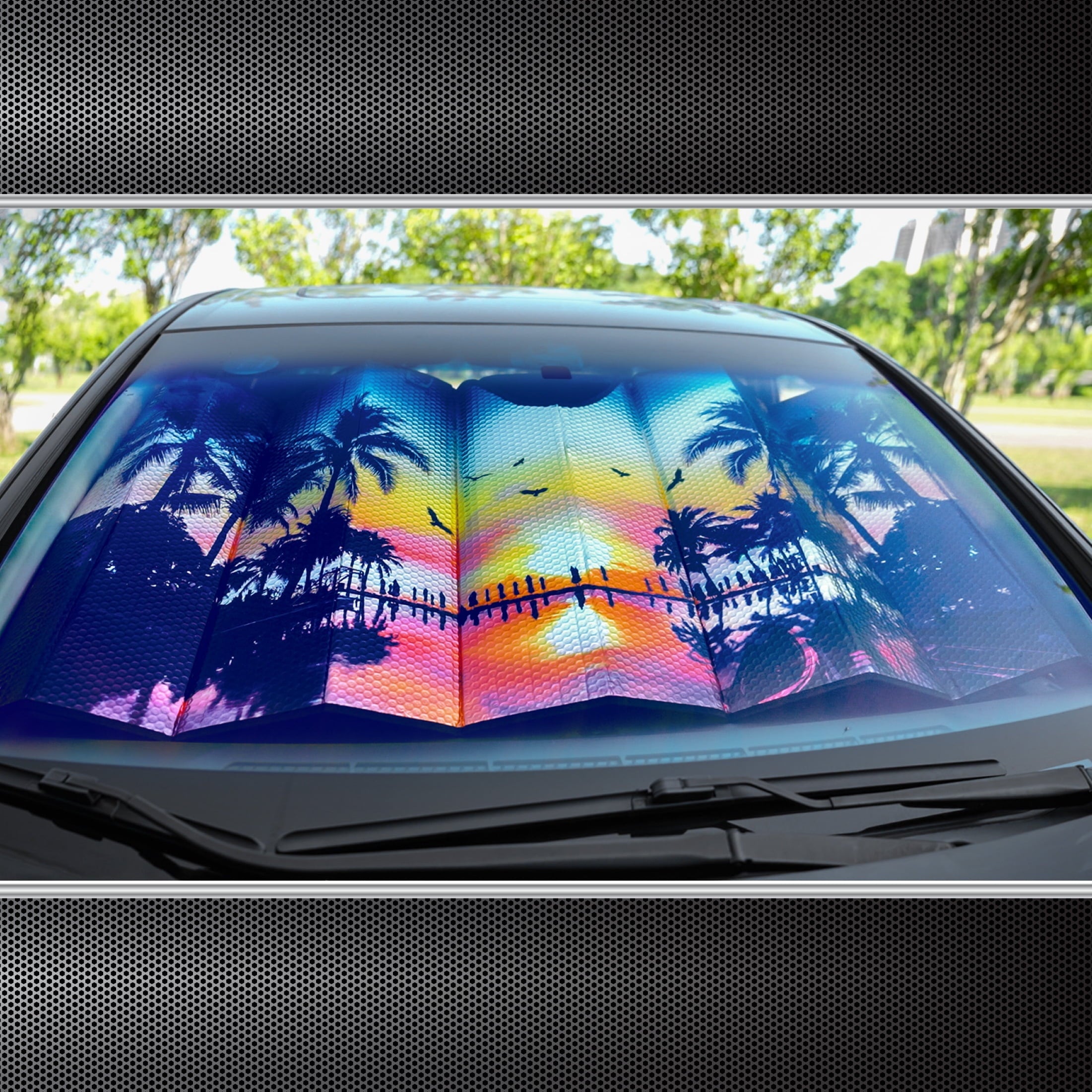 Auto Drive Tropical Windshield Accordion Sunshade for Models Sedan SUV Hatchback Liftback etc, 63'' x 28.5''