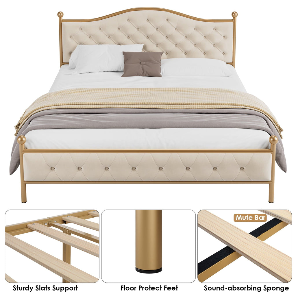 Homfa King Size Bed Frame, Metal Tubular Platform Bed with Button Tufted Upholstered Headboard, No Box Spring Needed, Beige