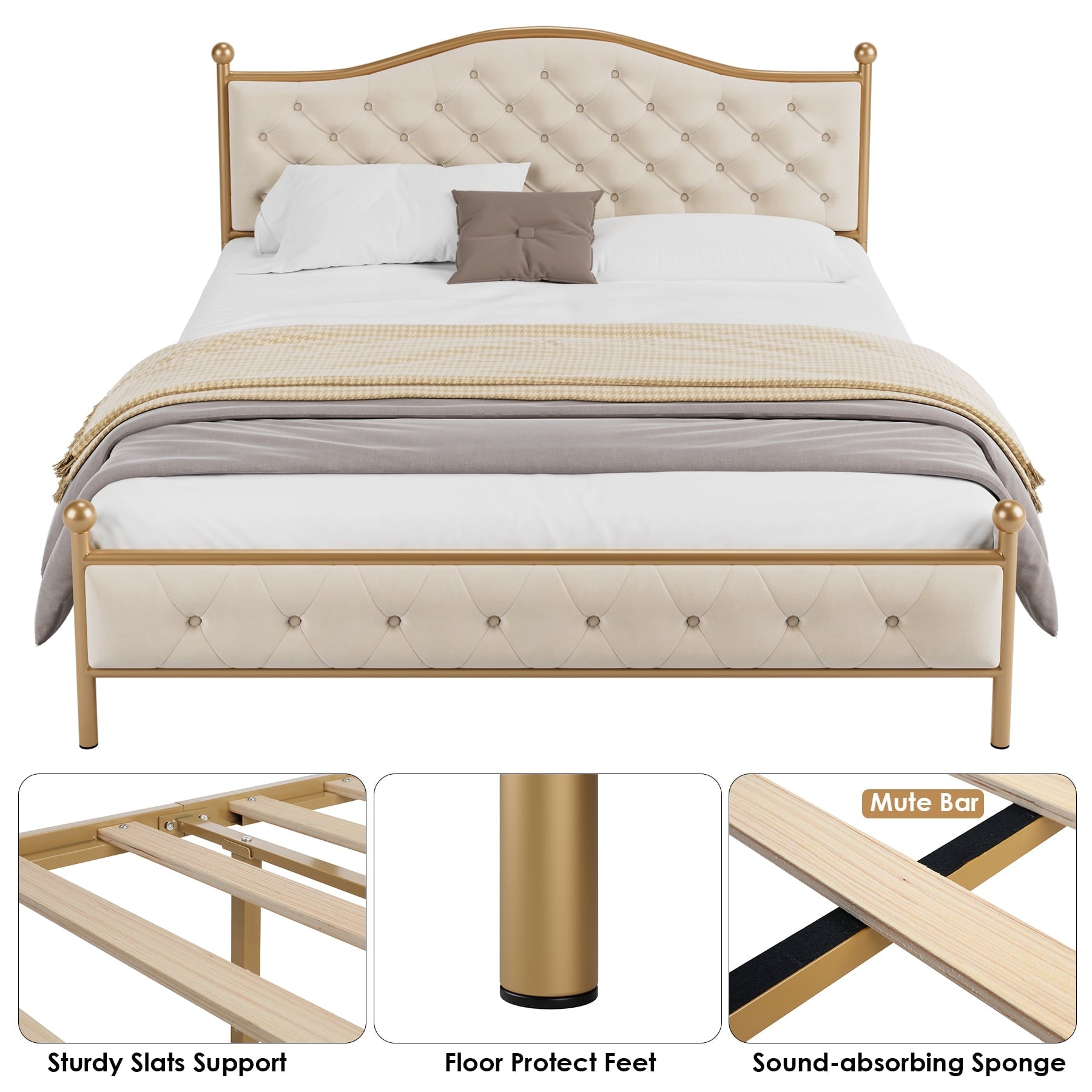 Homfa King Size Bed Frame, Metal Tubular Platform Bed with Button Tufted Upholstered Headboard, No Box Spring Needed, Beige