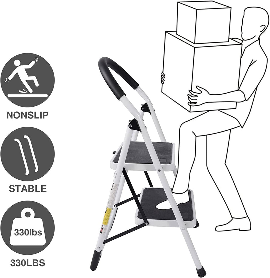 WAYPLUS 2 Step Steel Ladder, Folding Portable Step Stool w/ Non-Slip Feet, Rubber Pads, 330lb Capacity