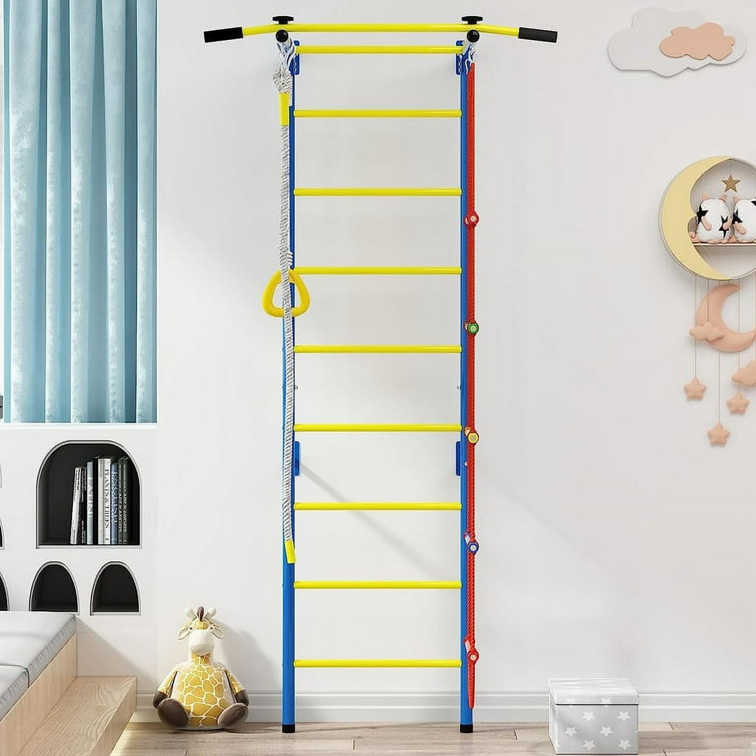 Cuoote 5 in-1 Metal Wall Ladder Stall Bars Set, Indoor Kids Gym for Exercise, Ladder Wall Set with Wall Ladder, Pull-up Bar, Climbing Rope, Gymnastic Rings, Kids Climbing Toys for Boys Girls