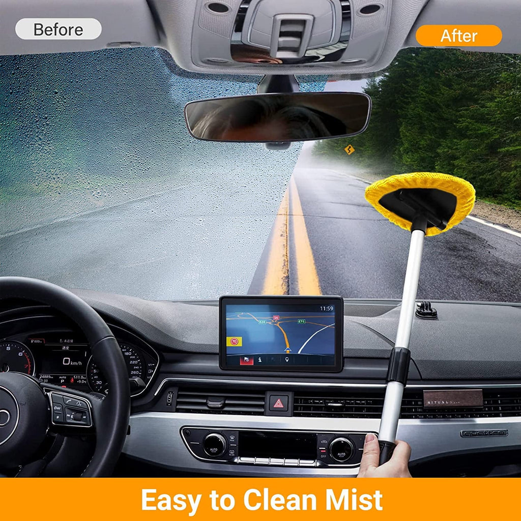 AstroAI, Car Window Cleaner, Microfiber Car Windshield Cleaning Tool with Extendable Handle and Washable Reusable Cloth Pad Head Auto Interior Exterior Glass Wiper Kits, Yellow