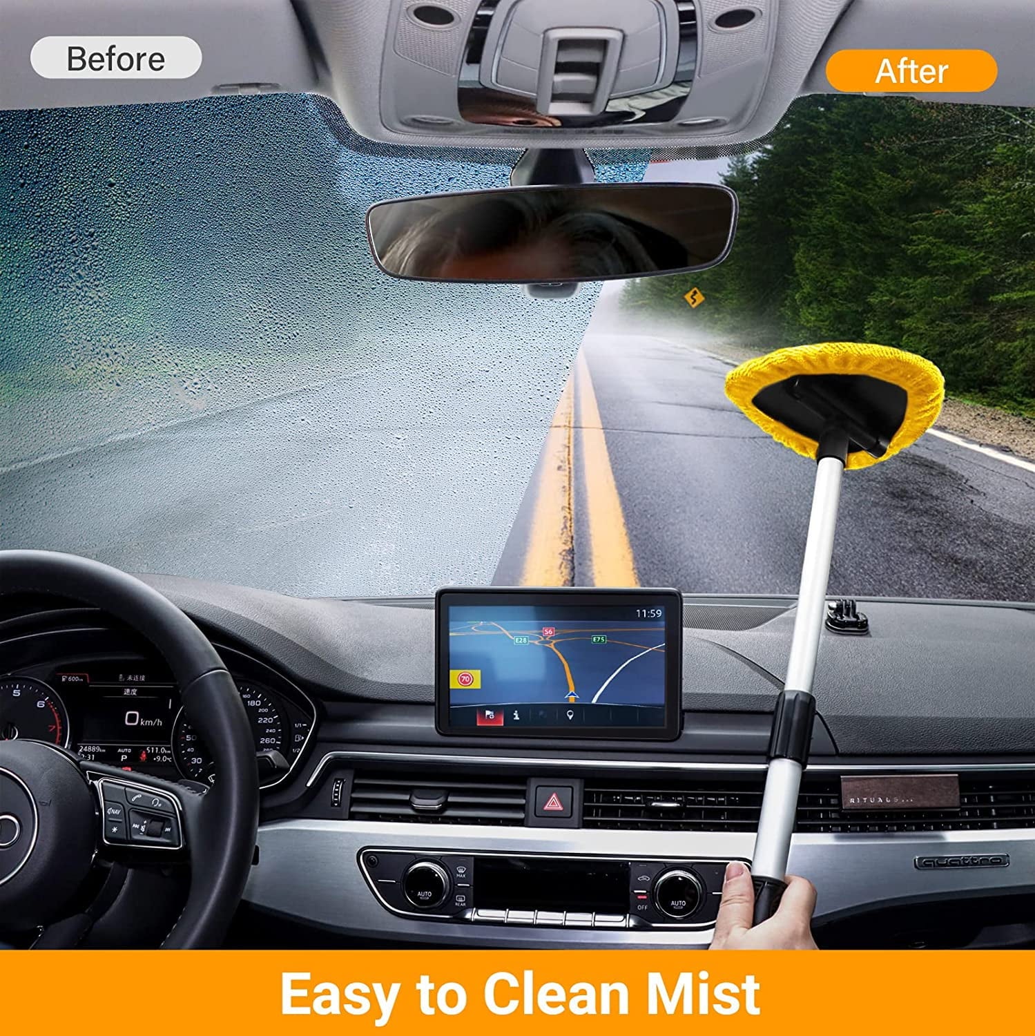 AstroAI, Car Window Cleaner, Microfiber Car Windshield Cleaning Tool with Extendable Handle and Washable Reusable Cloth Pad Head Auto Interior Exterior Glass Wiper Kits, Yellow