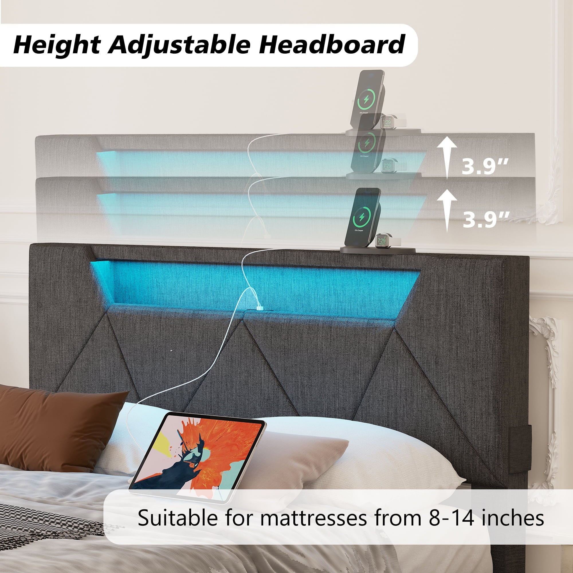 ANCTOR Queen Bed Frame with Storage Headboard & Charging Station for Adults,  Grey