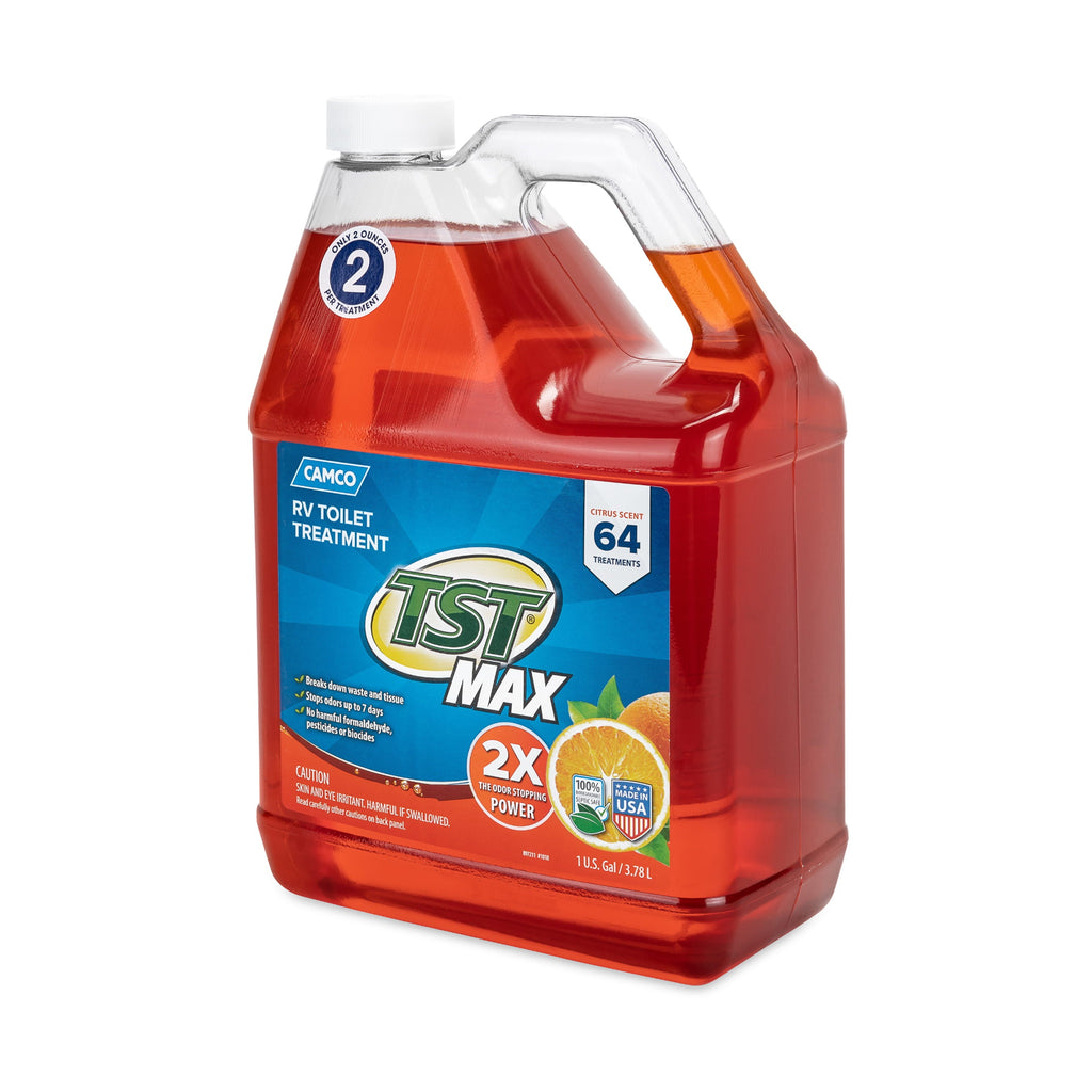 Camco TST MAX RV Toilet Treatment | Features a Biodegradable Septic Safe Formula and Orange Citrus Scent |  Ideal for Camping, Boating, and More | 1-Gallon (41197)