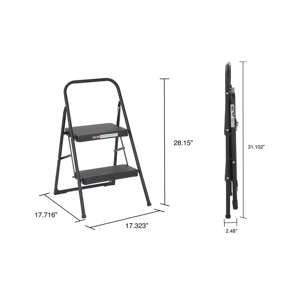 COSCO 2-Step Household Folding Steel Step Stool, All Black, 7ft 11in Reach Height