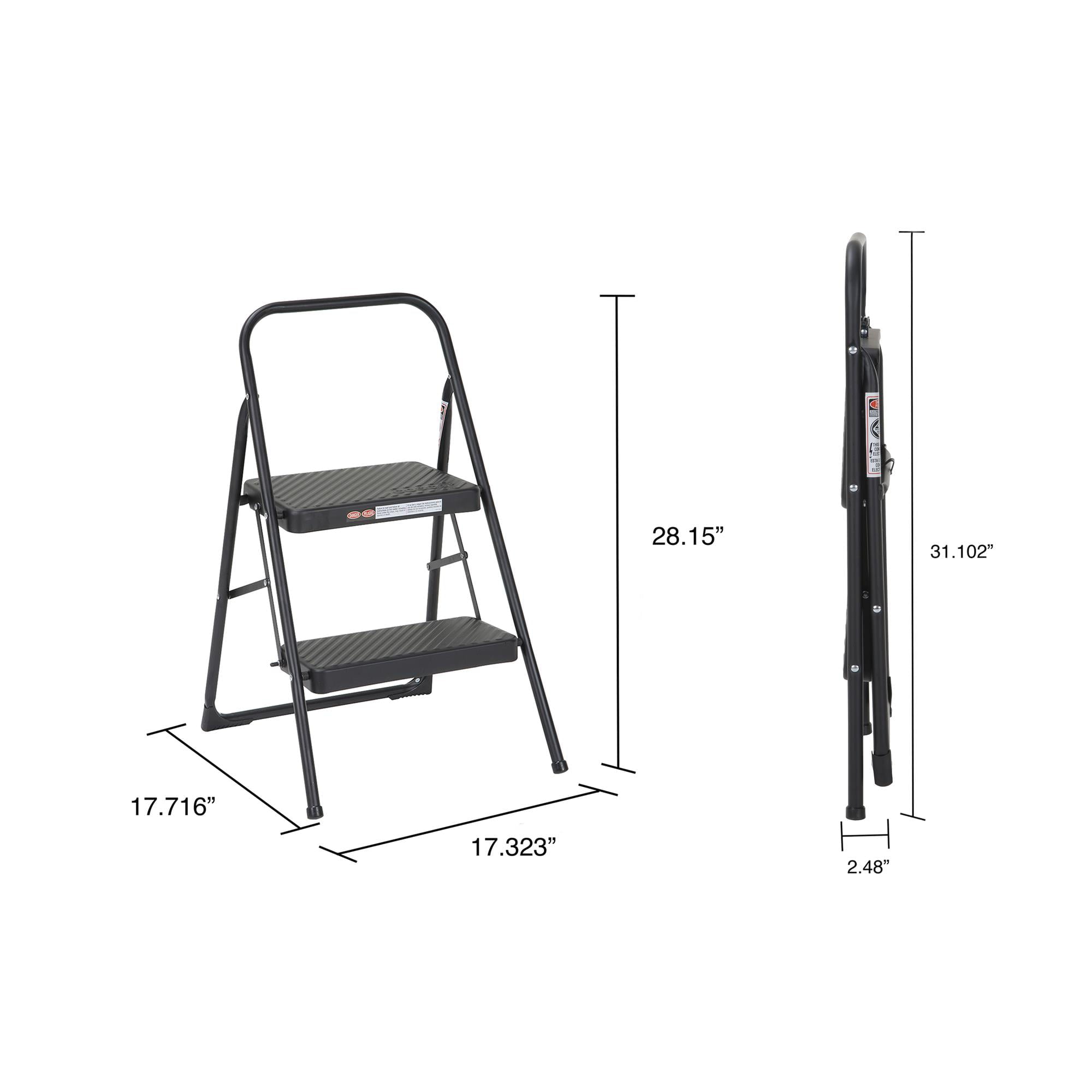 COSCO 2-Step Household Folding Steel Step Stool, All Black, 7ft 11in Reach Height