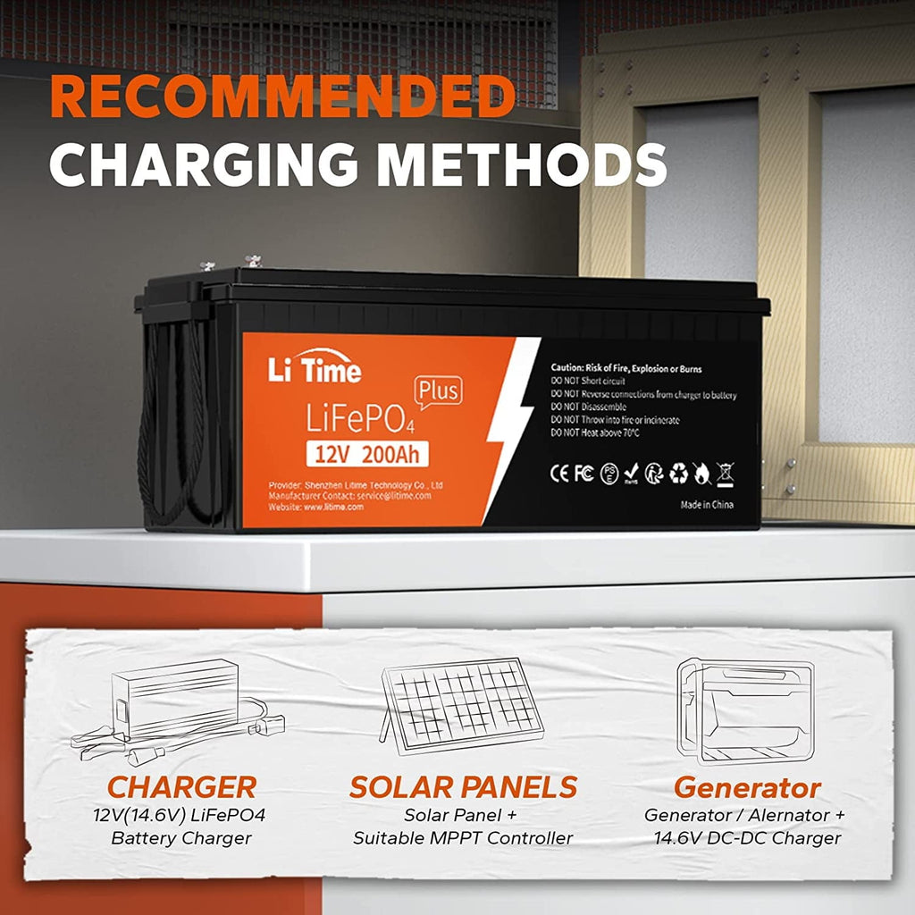 LiTime 12V 200Ah PLUS Lithium LiFePO4 Battery, Max 2560W Power Output, 10-Year Lifetime, 200A BMS LiFePO4 Battery for RV, Solar, Off-Grid, Marine