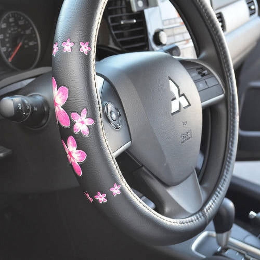BDK Pink Floral Design Car Steering Wheel Cover, Standard Size 14.5 to 15.5"