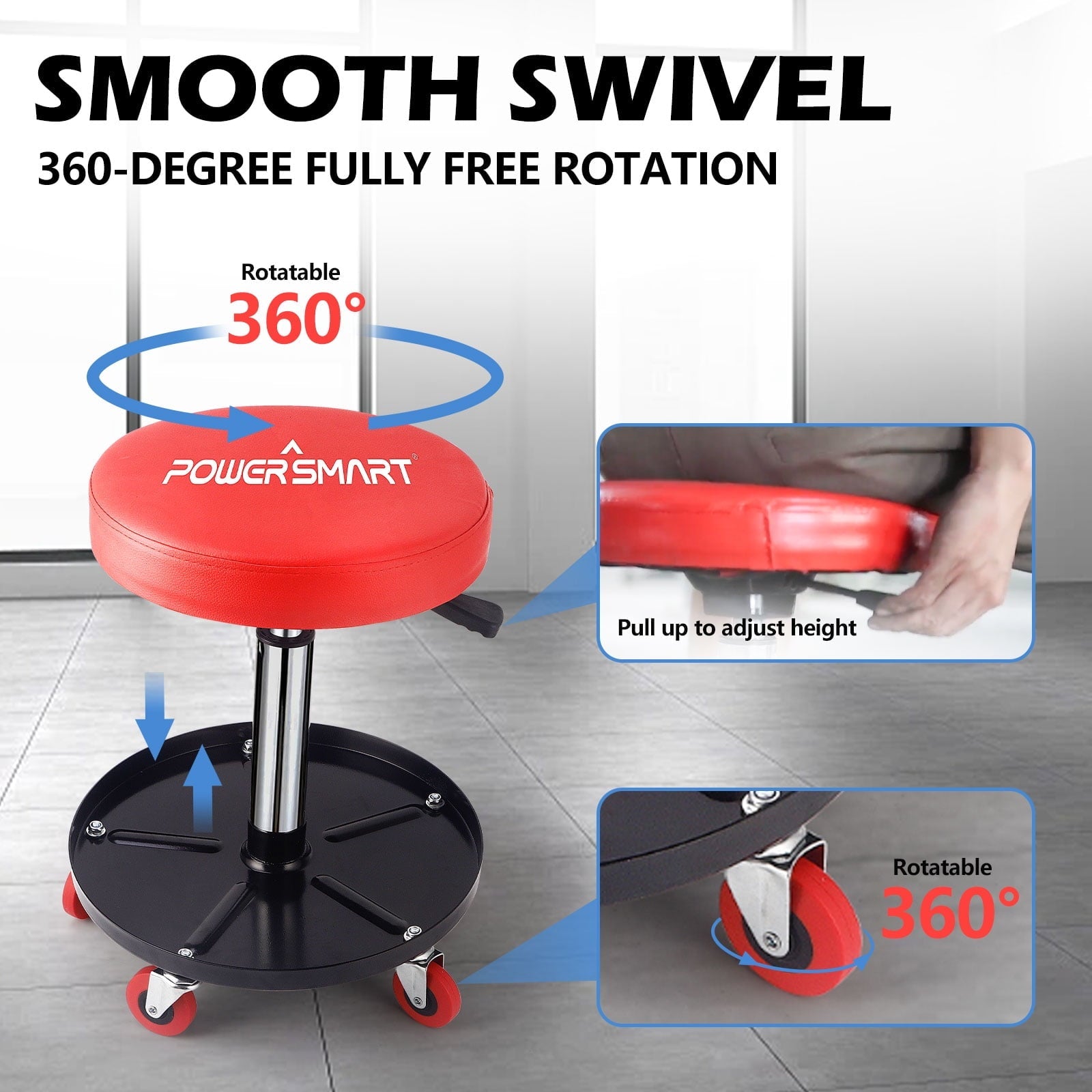PowerSmart 300-pound Capacity Rolling Mechanic Stool - Adjustable Height, Pneumatic Creeper Garage/Shop Stoolwith Wheels,PS1101,RED