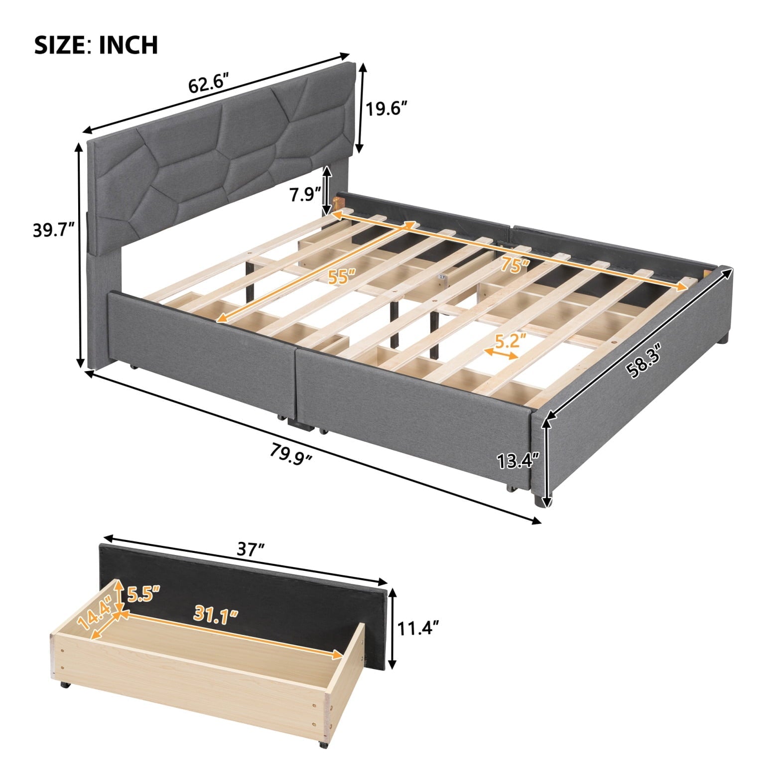 Upholstered Platform Bed with 4 Storage Drawers, Full Size Storage Platform Bed Frame with Brick Pattern Heardboard and Wood Slats Support for Bedroom Dorm Apartment, No Box Spring Needed, Gray