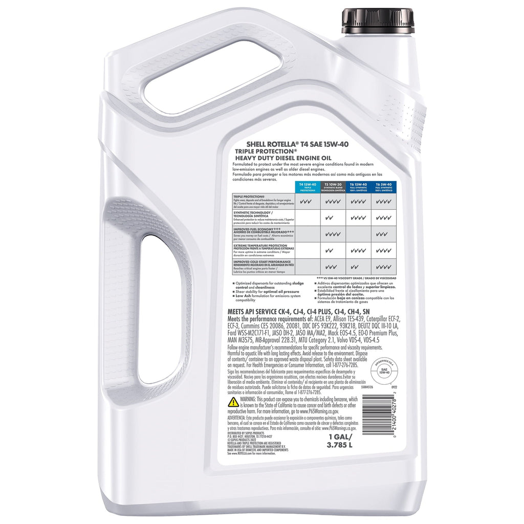 Shell Rotella T4 Triple Protection 15W-40 Diesel Motor Oil, 1 Gallon