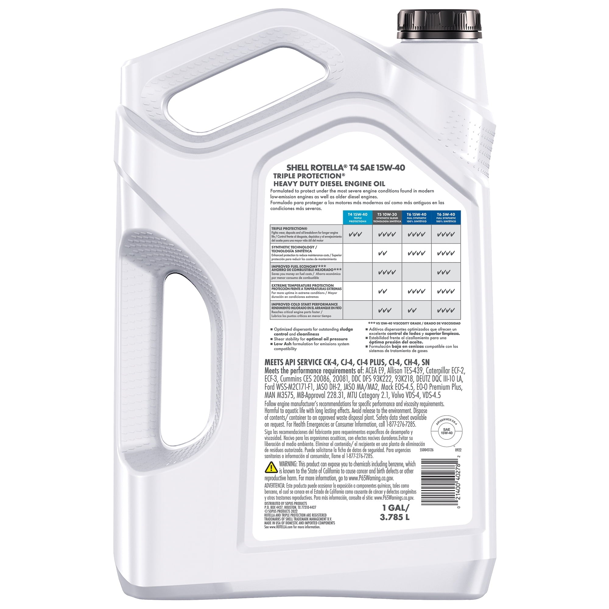 Shell Rotella T4 Triple Protection 15W-40 Diesel Motor Oil, 1 Gallon
